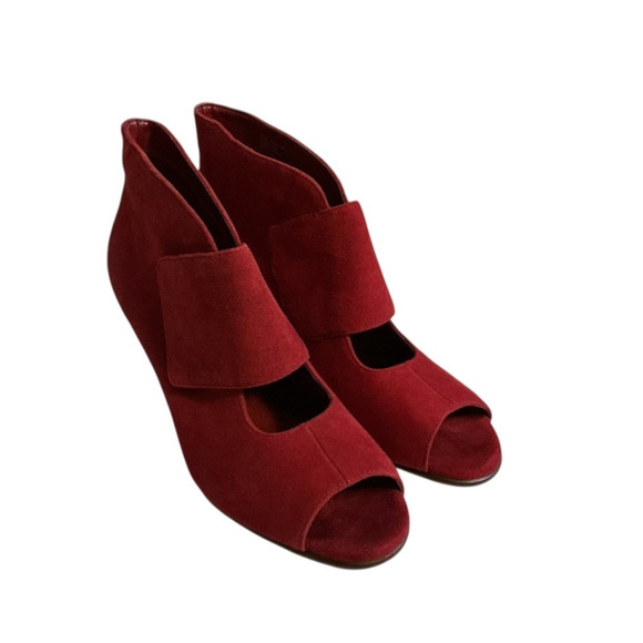 Aerosoles Boots Womens 9.5 M Sound Wave Wedge Ankle Booties Red Leather Peep Toe - Picture 2 of 14